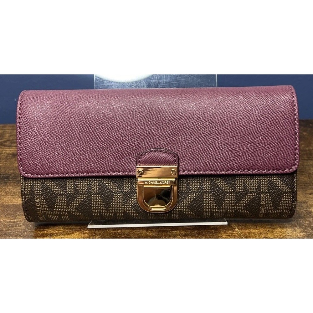 Michael Kors Bridgette Flap Wallet Brown MK Logo Burgandy Eggplant Leather Lock